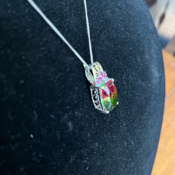 🍉 Watermelon Quartz, Orissa Rhondolite, Garnet Sterling Pendant w/ 20in Chain - Picture 4 of 11